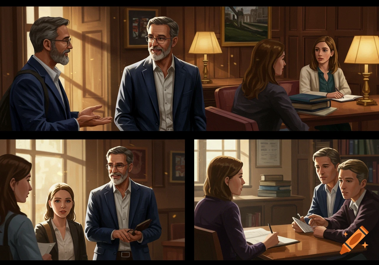 Multiple panels of people including a male professor talking in a university office and library.