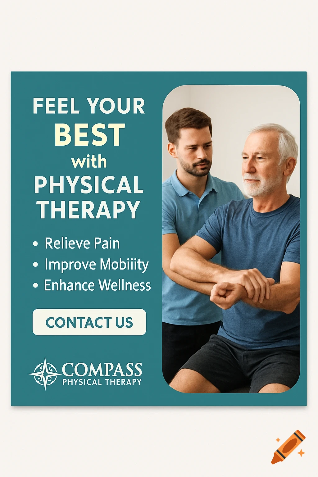 Graphic promoting physical therapy showing a therapist helping an older patient, with promotional text.