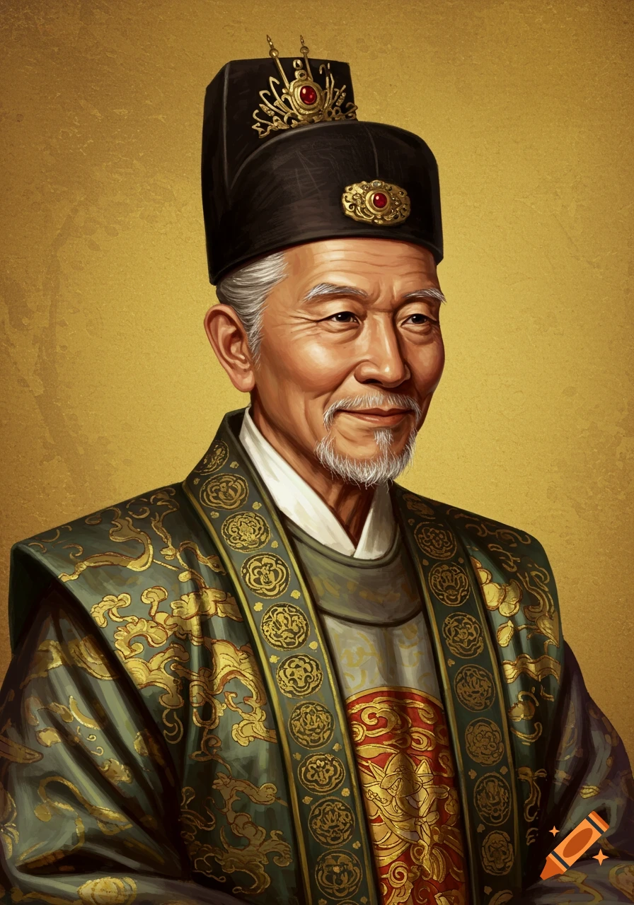 Portrait of an old Asian man in elaborate historical formal clothing and hat.