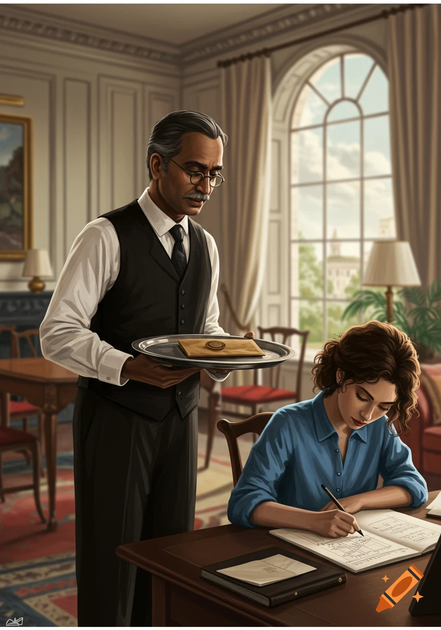 A butler presents an envelope on a tray to a woman writing in a book in a formal room.