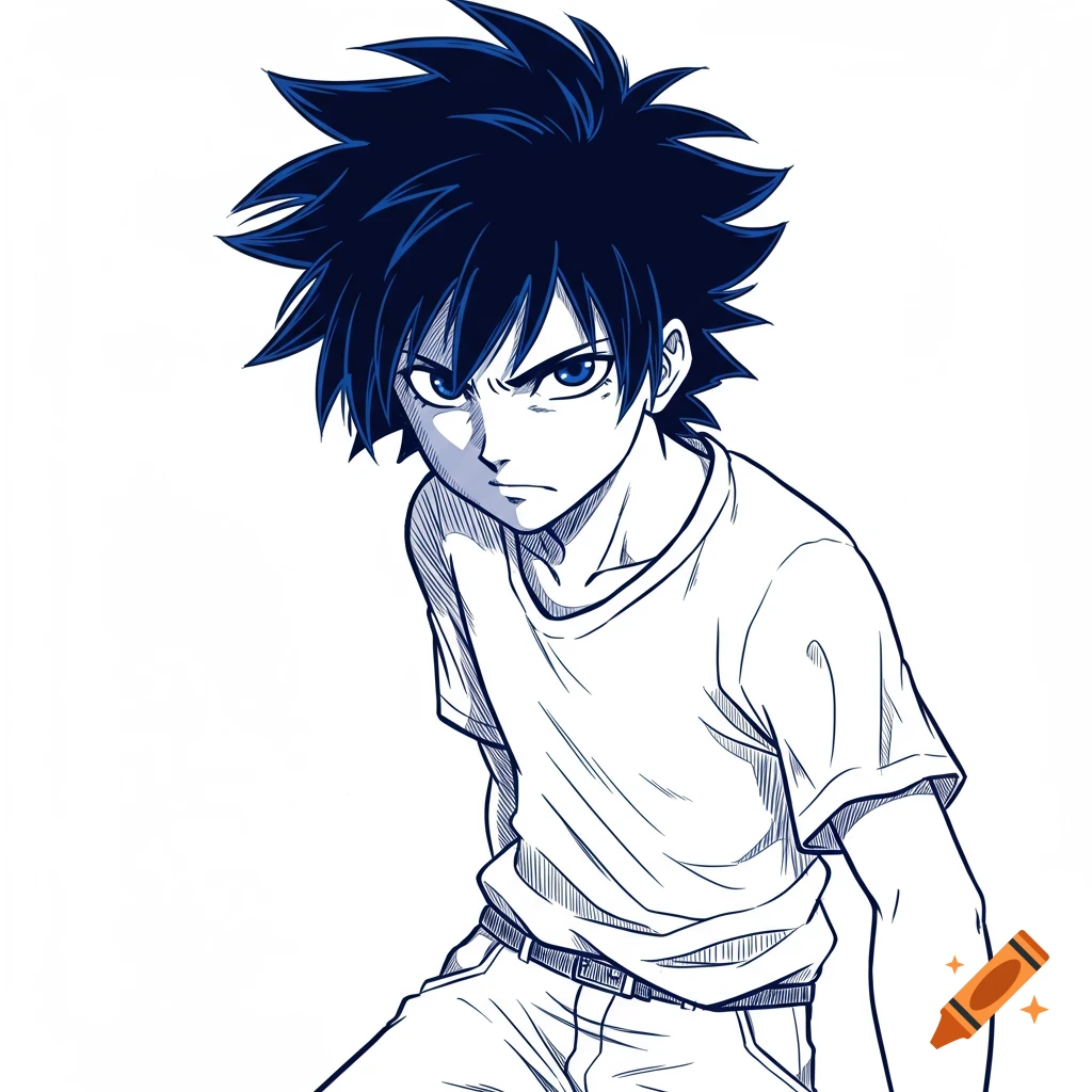 A line drawing of an anime boy.