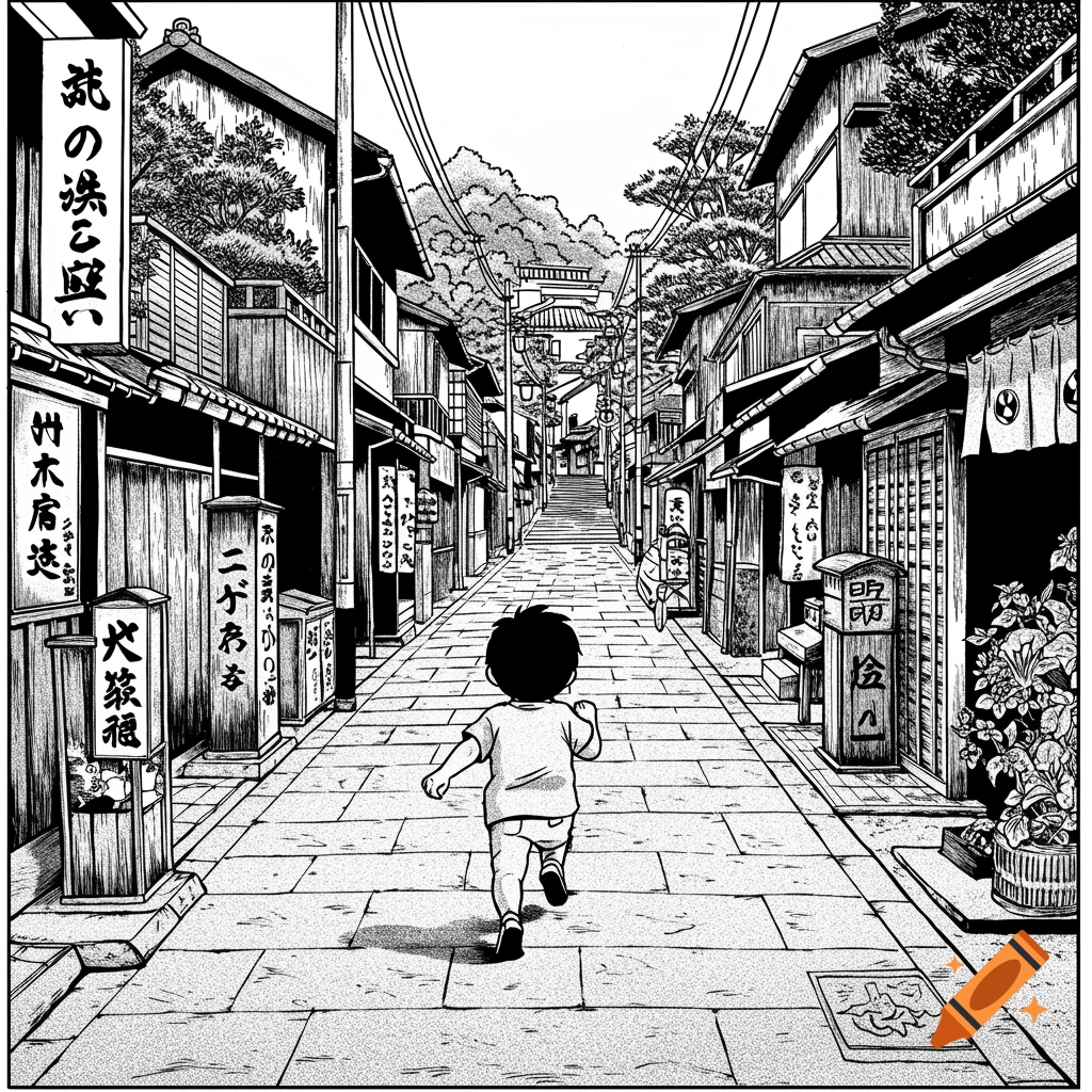 A child runs down a traditional Japanese street lined with shops, depicted in a black and white illustration style.
