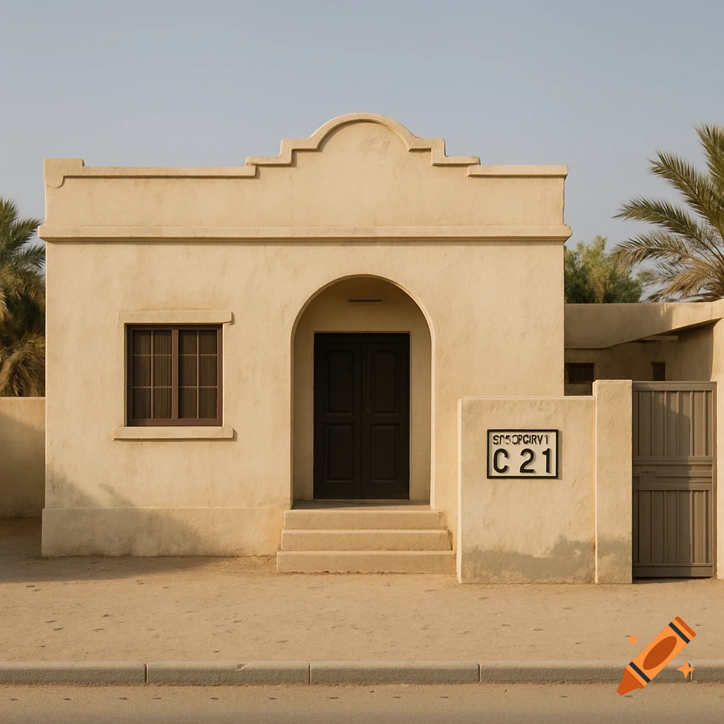Photo of a simple old beige villa house in Dubai with a sign on the wall.