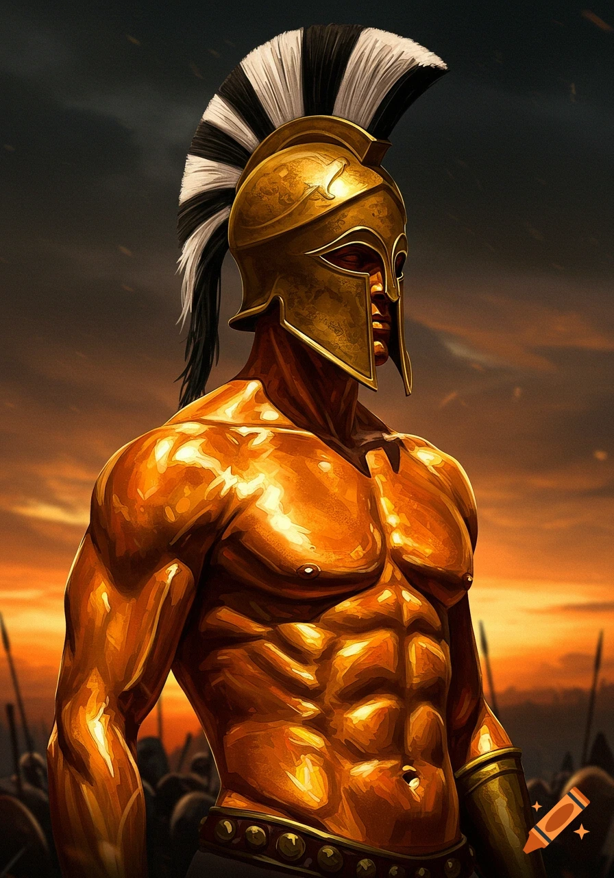 Muscular man with shiny copper skin in a golden ancient Greek helmet against a fiery sky.
