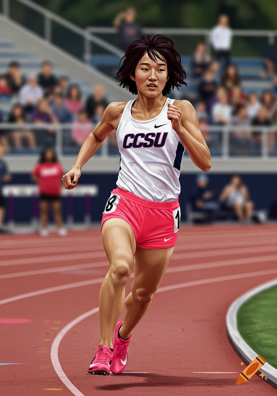 Woman running on a track in a race, wearing a white CCSU tank top and pink shorts.