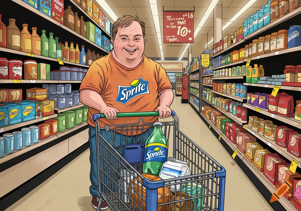 Man pushes a shopping cart in a grocery store aisle, illustration.