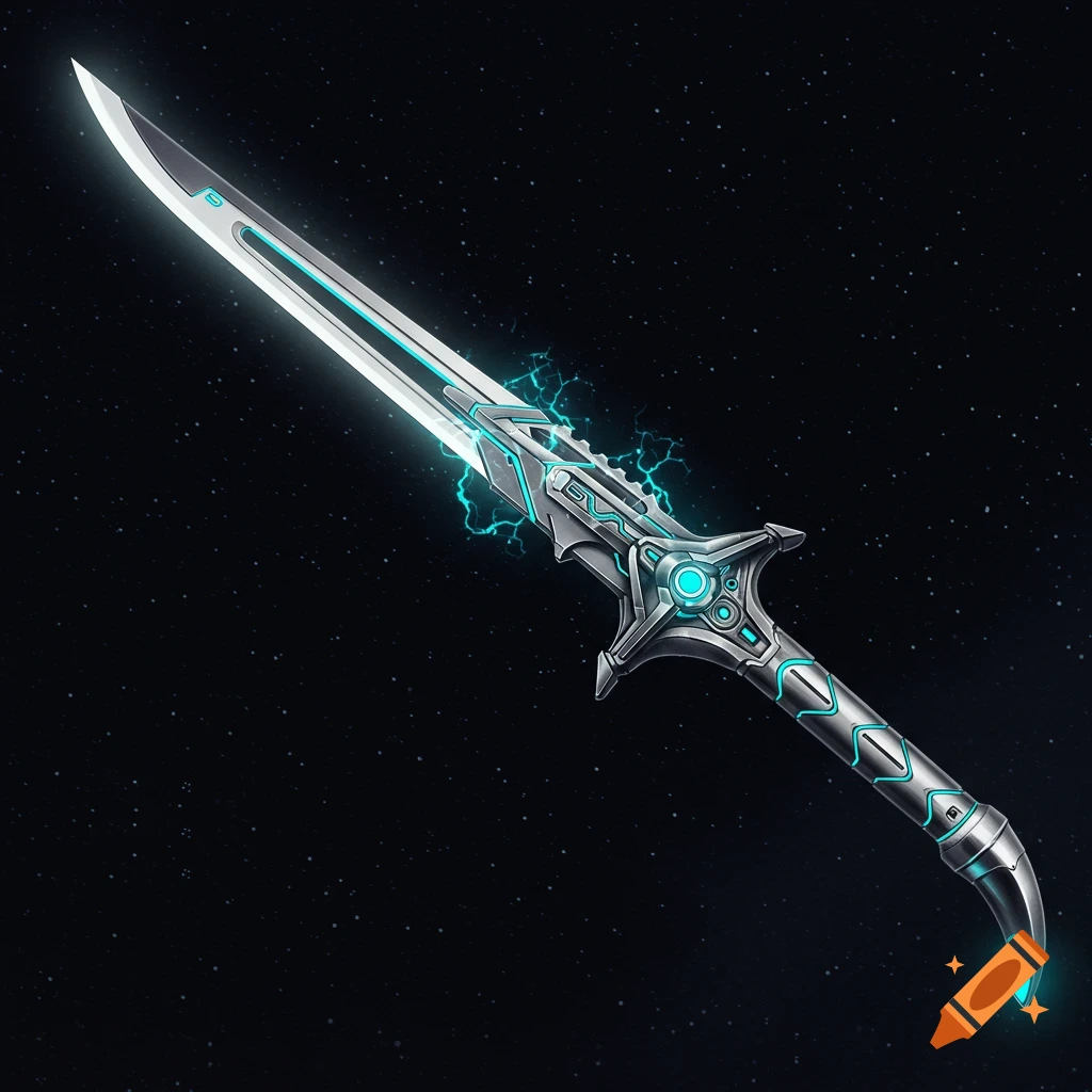 A futuristic sword with glowing blue energy accents against a starfield background.