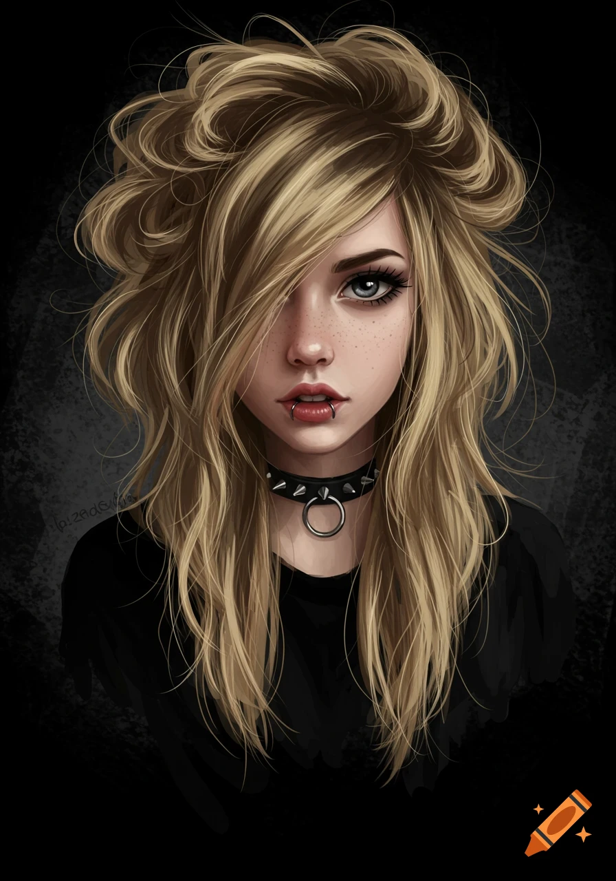 Digital illustration of a girl with long blonde hair, lip piercing, and spiked choker.