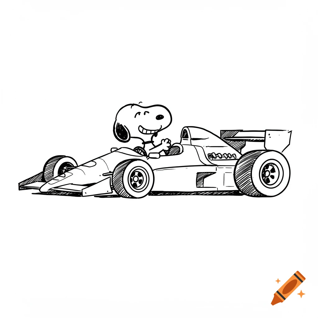 Snoopy drives a Formula 1 race car in a black and white doodle sketch.