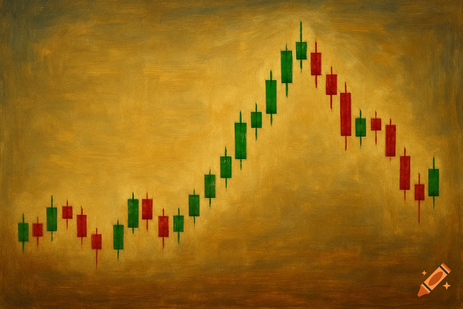 Painting of a stock market price chart with green and red candles