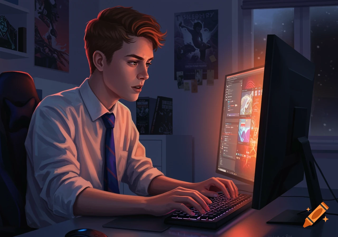 Illustration of a male student typing on a computer at night