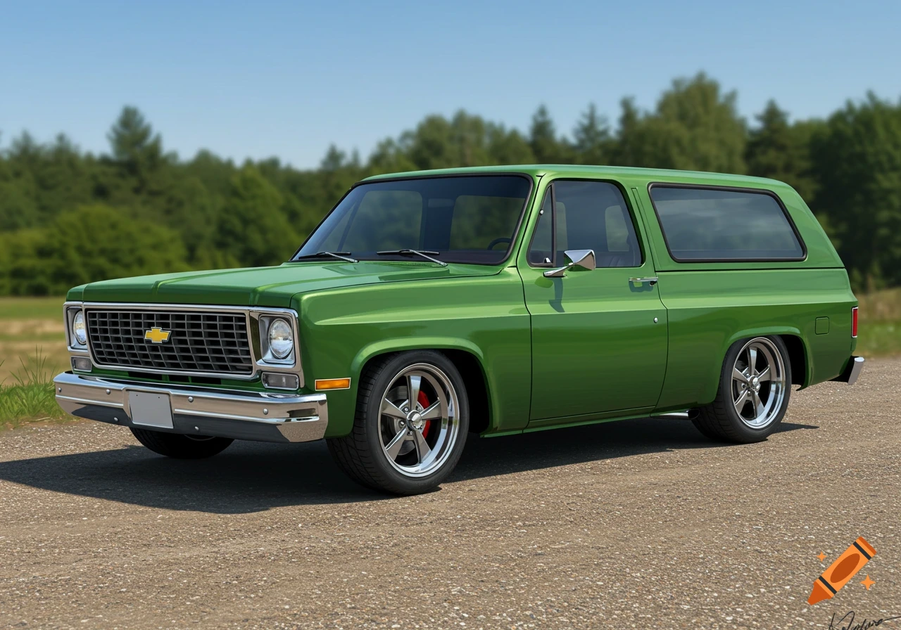 A green 1973 Chevrolet K5 Blazer parked on a dirt road.