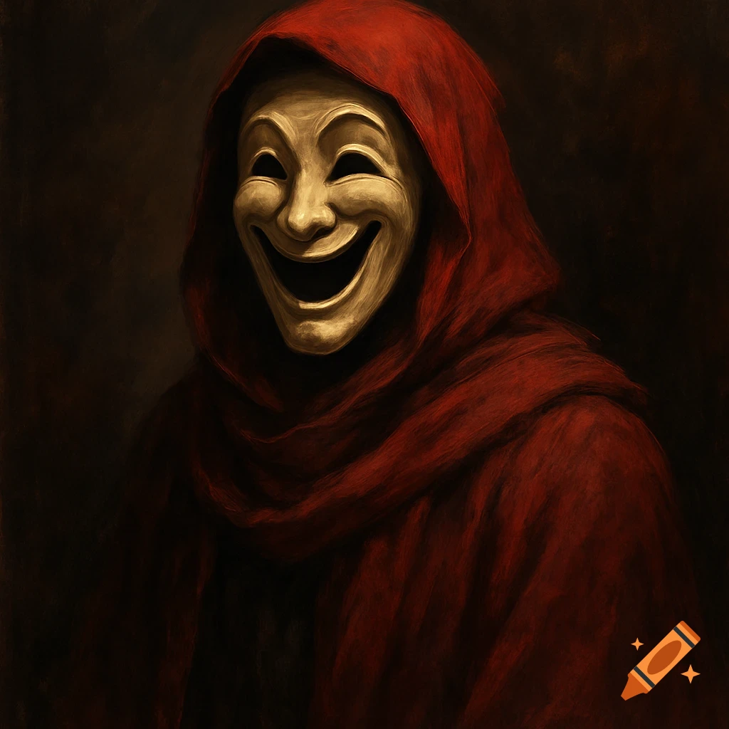 A figure in a red hooded cloak wearing a creepy smiling mask.