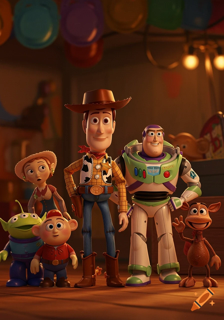 Woody, Buzz Lightyear, Jessie, an Alien, and other Toy Story characters stand together in a room, 3D animation style.