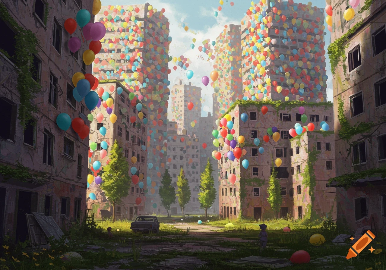 Abandoned town with colorful balloons floating around ruined buildings, digital art