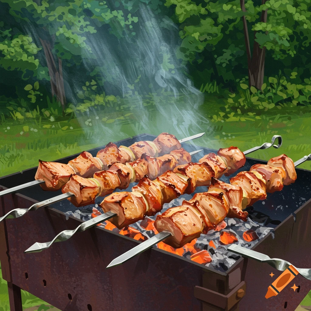 Illustration of pork shashlik skewers cooking on a grill with smoke rising, set outdoors near trees.