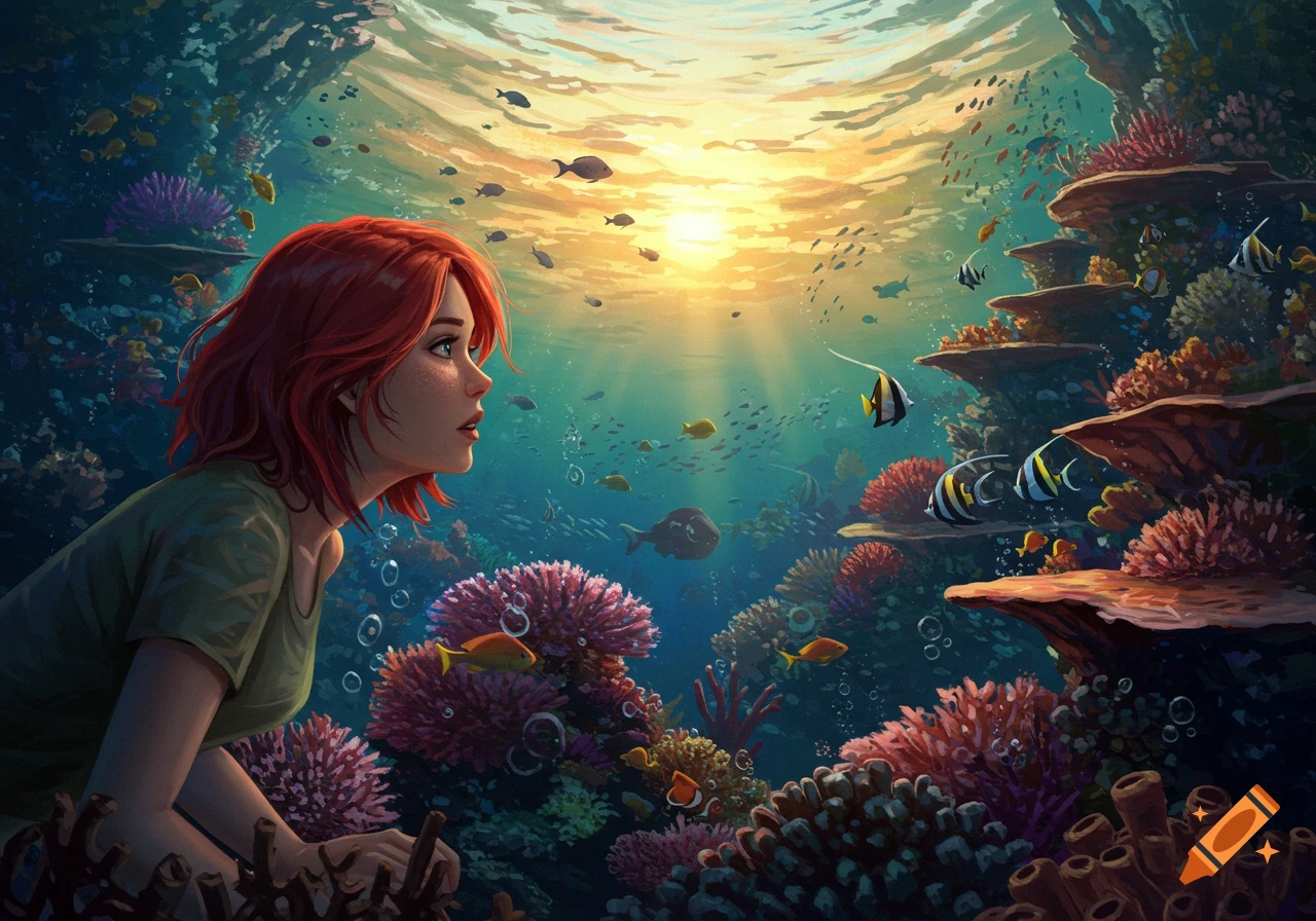 Woman with red hair observing a colorful coral reef with fish and sunlight filtering underwater. Illustration.