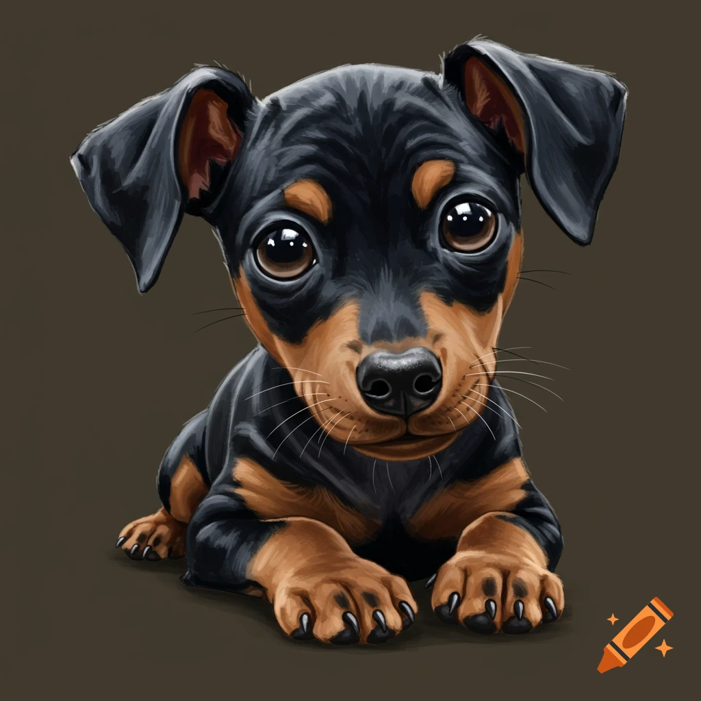 Digital illustration of a cute black and brown Miniature Pinscher puppy lying down.
