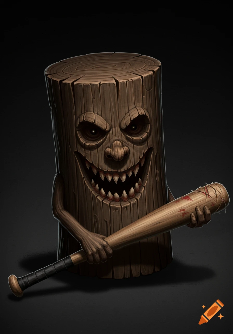 A creepy wooden log character with a jagged grin holds a bloody baseball bat.
