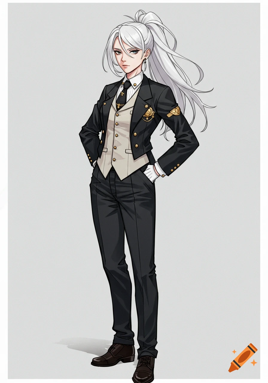 Anime illustration of a woman in a black suit and vest.