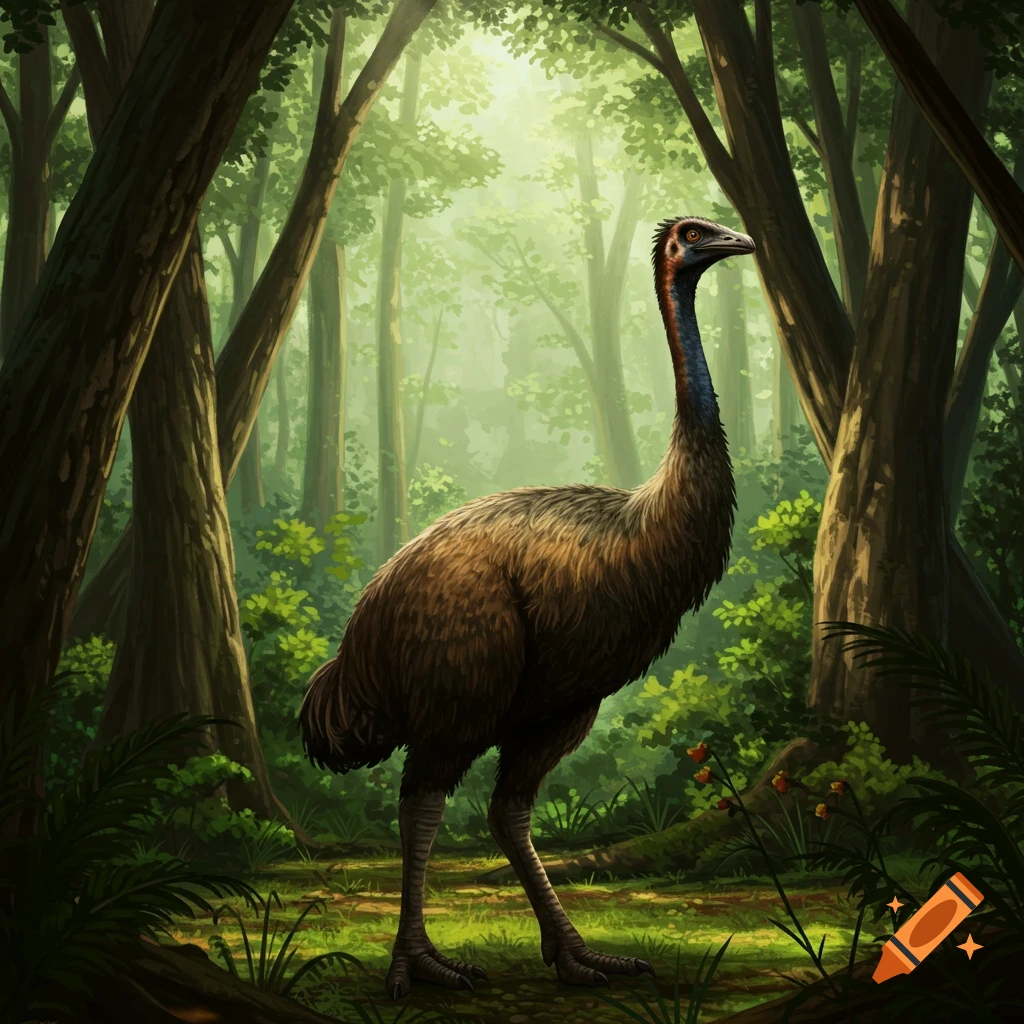 A large, emu-like bird stands in a sunny forest clearing.