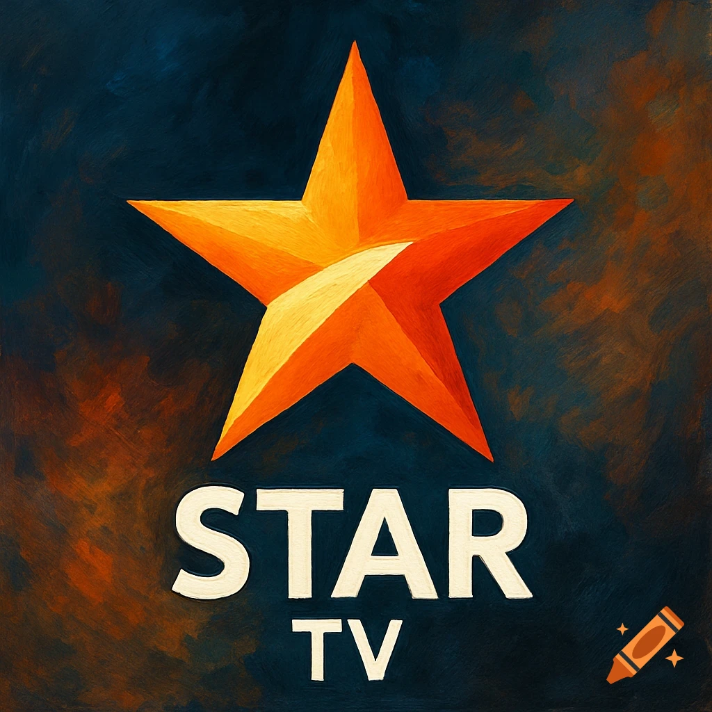 An orange star logo above white text that reads "STAR TV", set against a dark blue and orange painterly background.