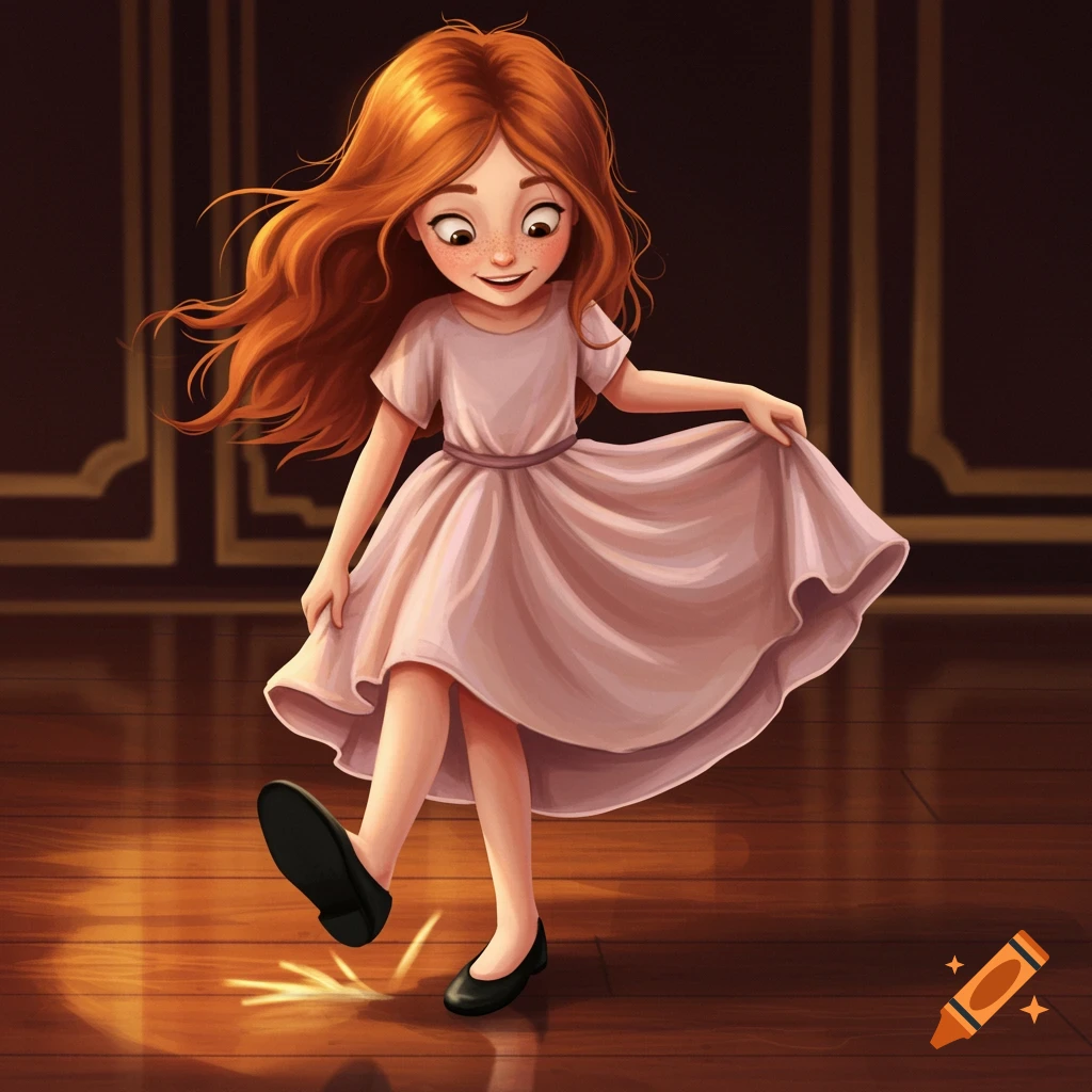 A red-haired girl in a pink dress taps her foot on a wooden floor in an illustration.