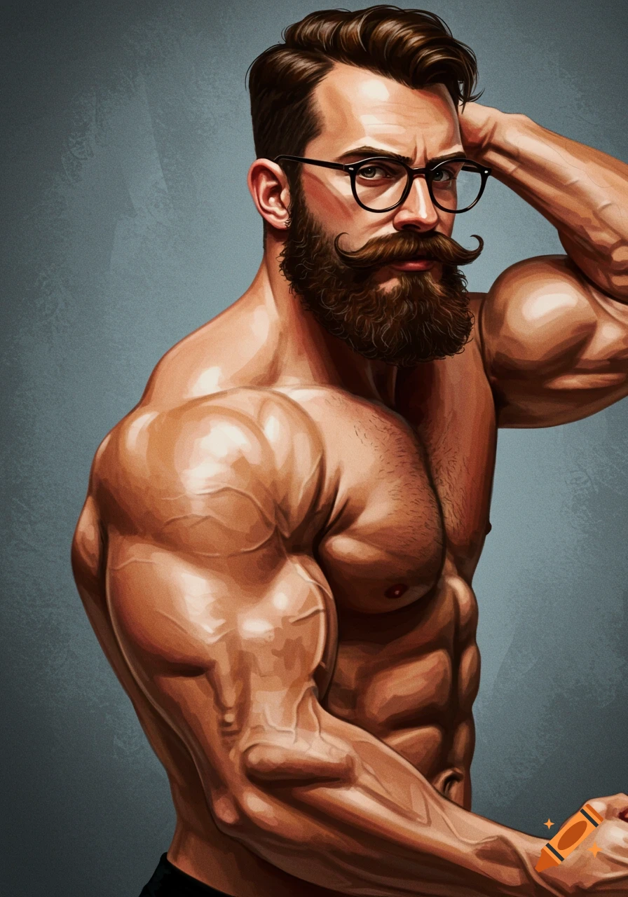 Digital painting of a muscular man with beard and glasses flexing.
