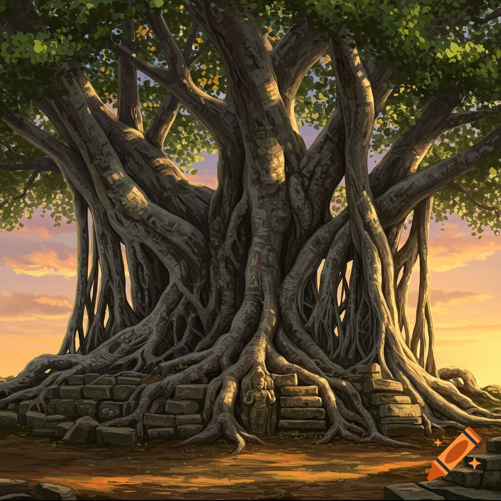Digital painting of a massive banyan tree with roots covering ancient stone ruins at sunset.