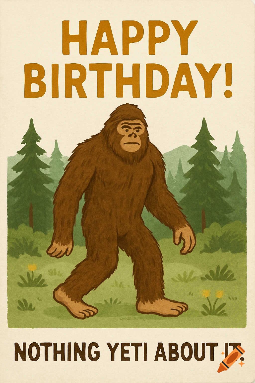 Illustration of Bigfoot walking in a forest on a birthday card with text 'Happy Birthday!' and 'Nothing Yeti About It.'