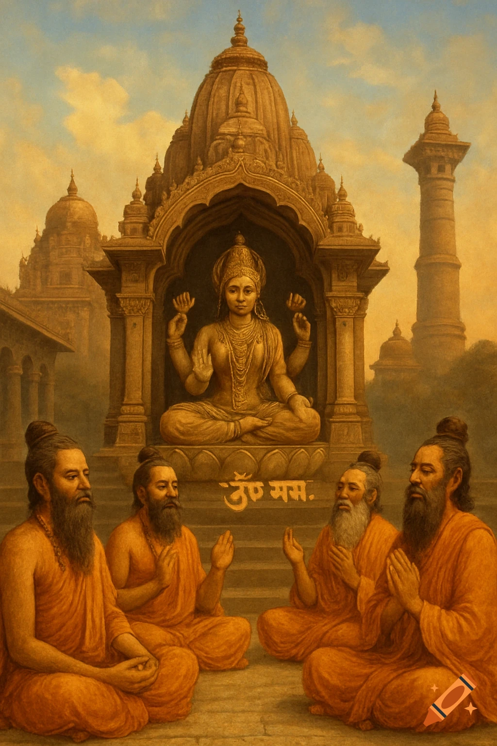Sages meditate in front of a seated statue of a deity with multiple arms within a temple complex.
