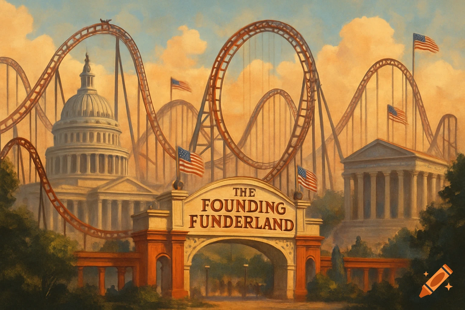 A painting of a theme park entrance signed "The Founding Funderland" with rollercoasters and government-style buildings.