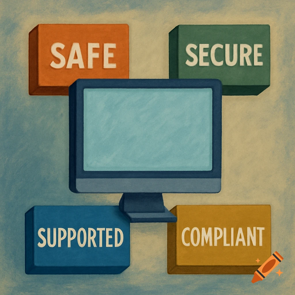 A computer surrounded by textured blocks labeled 'Safe', 'Secure', 'Supported', and 'Compliant'.