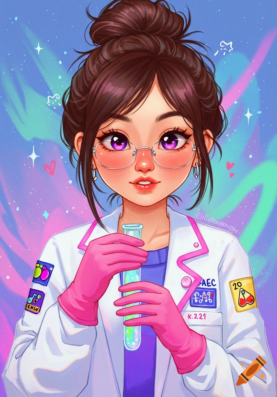 Stylized cartoon scientist with glasses and pink gloves holding a test tube.