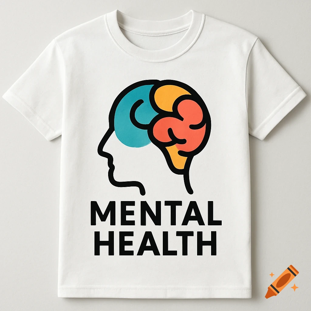 A white t-shirt with a colorful stylized brain illustration and the text "MENTAL HEALTH".