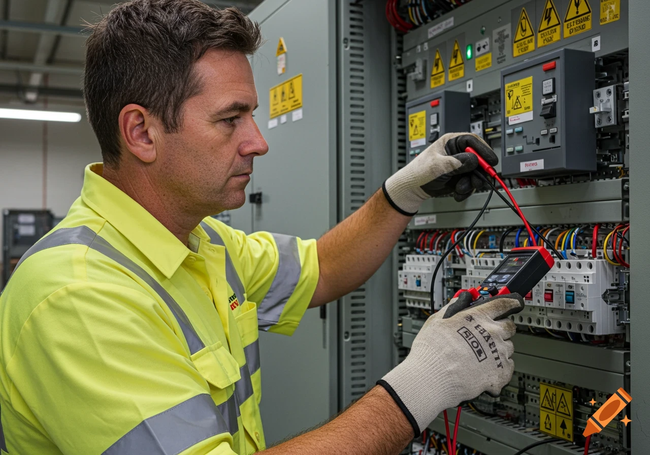 Electrician testing an electrical panel with a multimeter