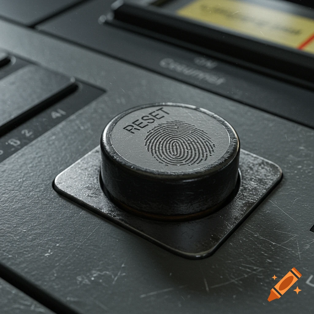 A close-up, photorealistic detail shot of a well-worn reset button with a fingerprint scanner texture on a dark grey control panel.
