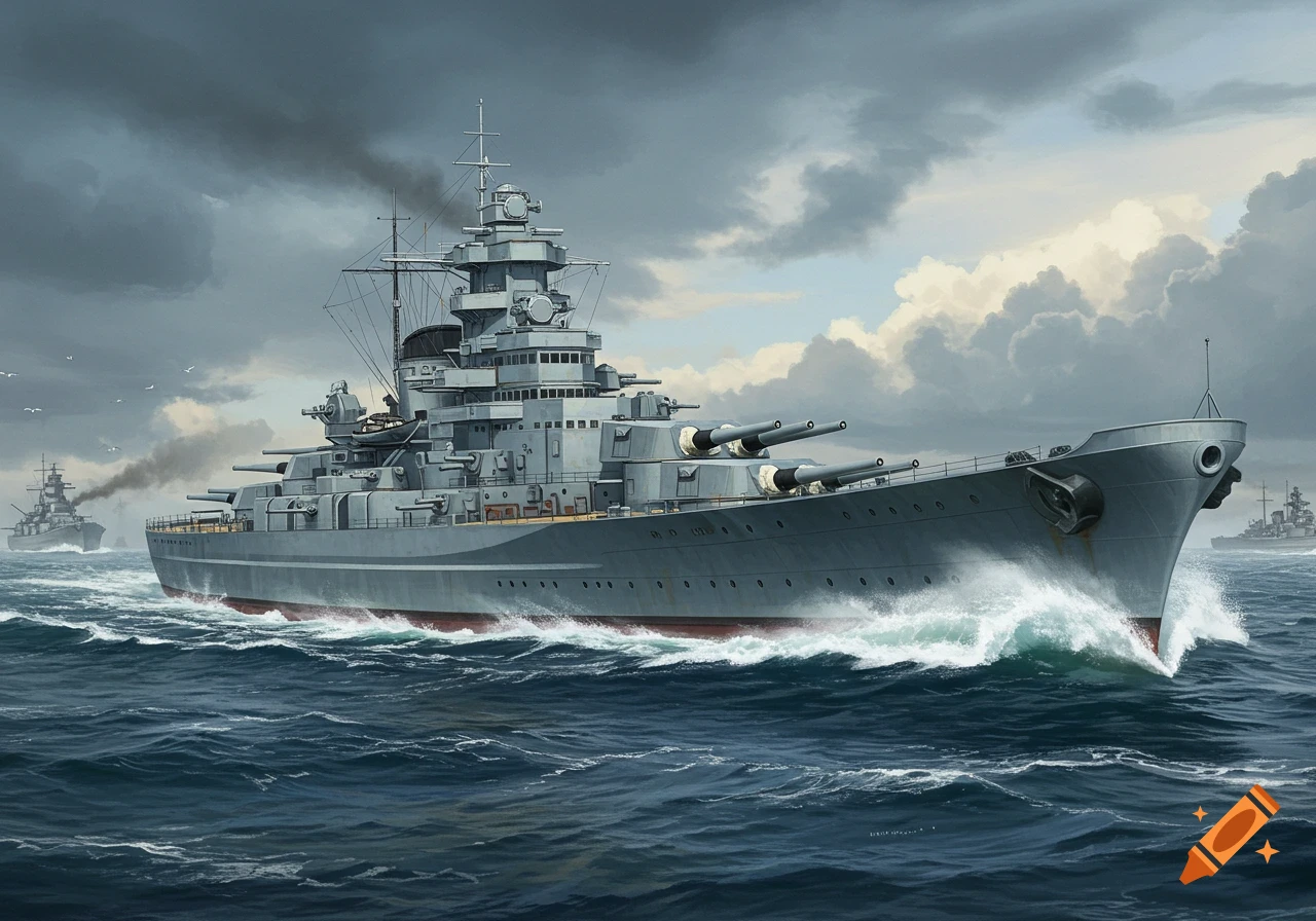 A grey battleship sails through stormy seas with other ships in the background. Painted style.