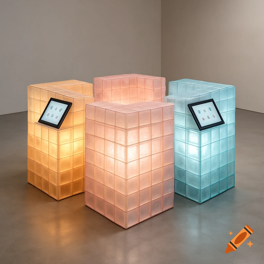 Four illuminated cube art installations made of translucent blocks with screens in a room.