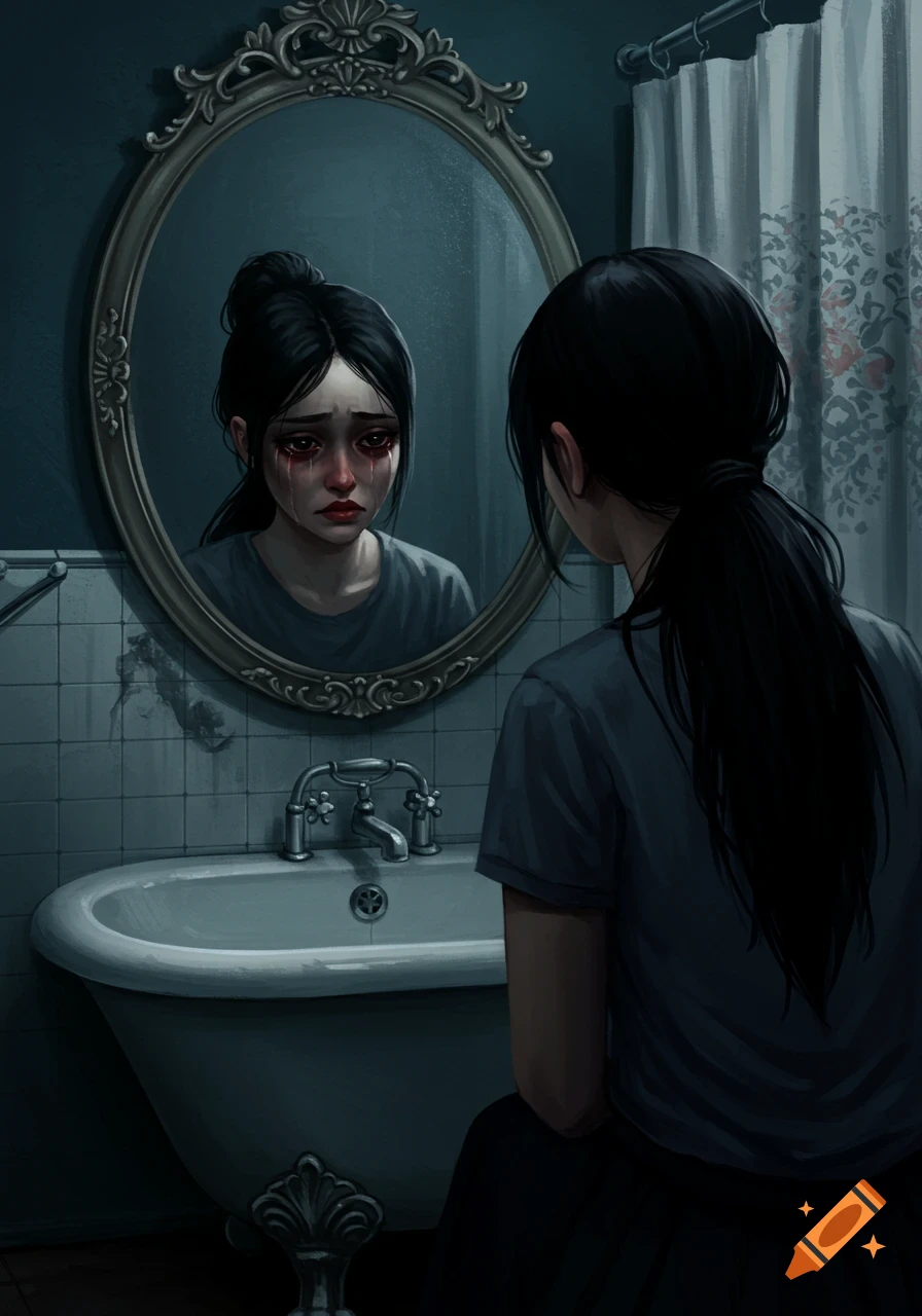 A woman with dark hair looks at her reflection in a mirror in a bathroom, her reflection is crying with red-streaked eyes. Digital illustration.