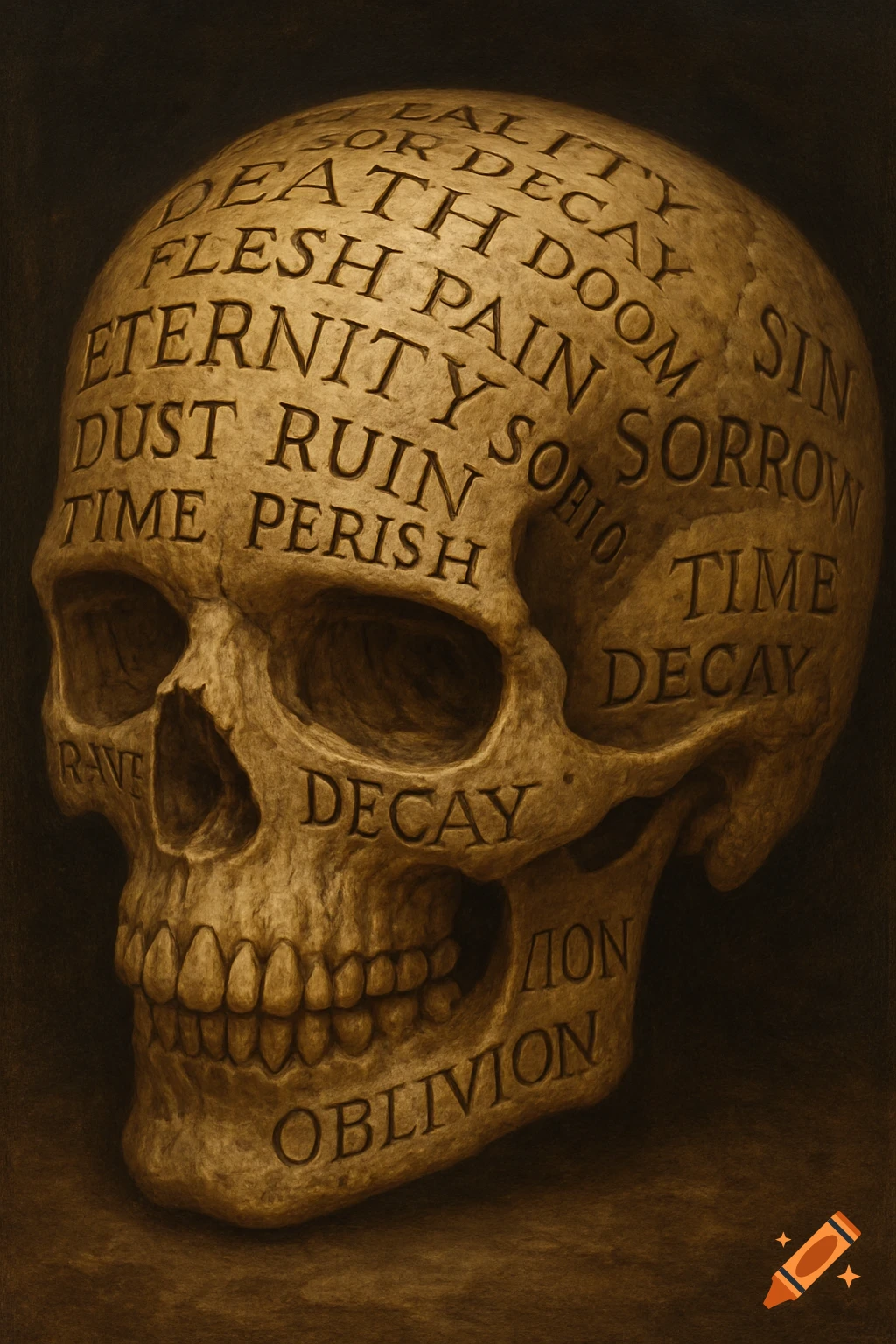 Close-up of a skull with words like 'Death', 'Decay', and 'Eternity' engraved into the bone in a realistic style.