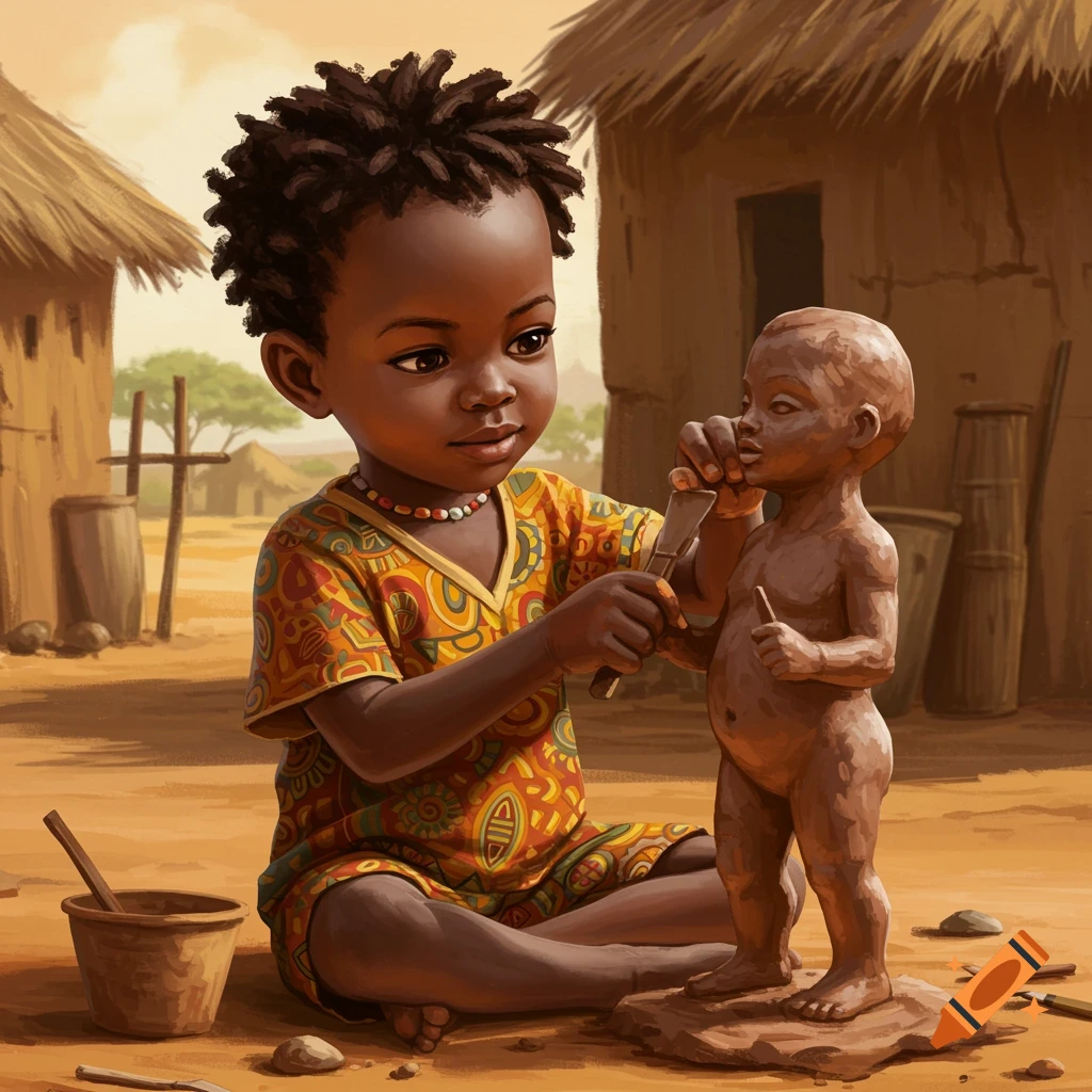 Young African child sculpts a small figure in a village setting.