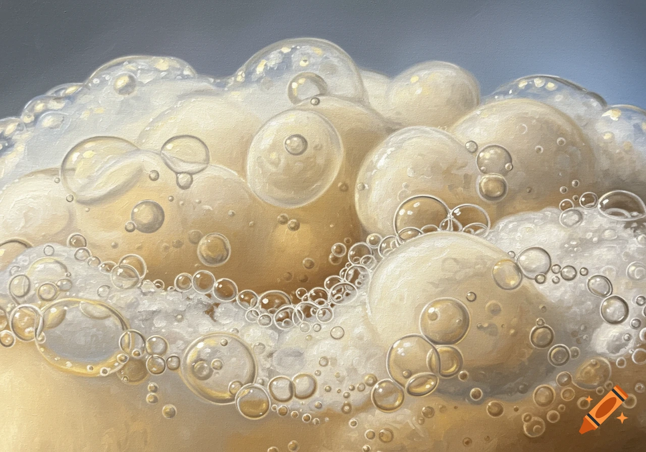 Close-up view of white and golden foam bubbles with highlights.