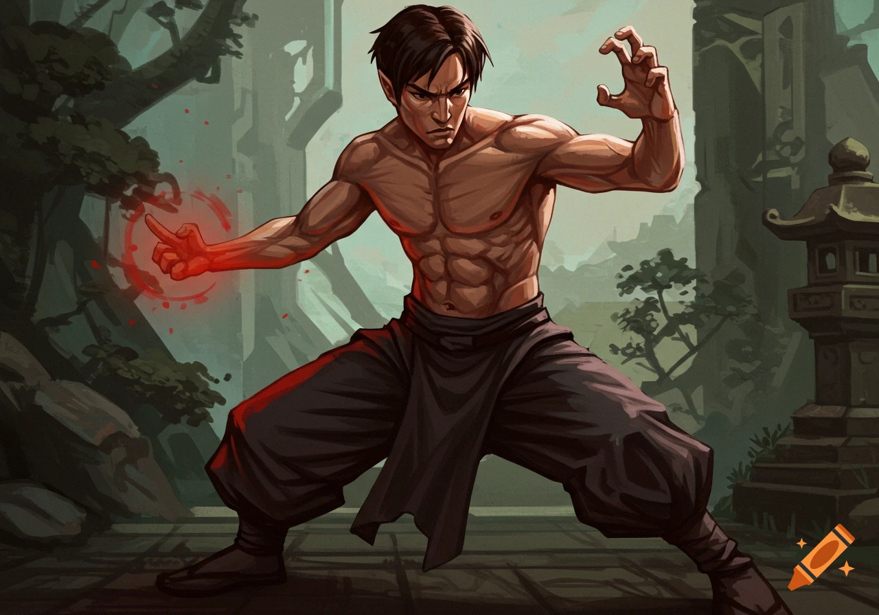 A muscular fantasy monk in a martial arts stance, casting red energy.