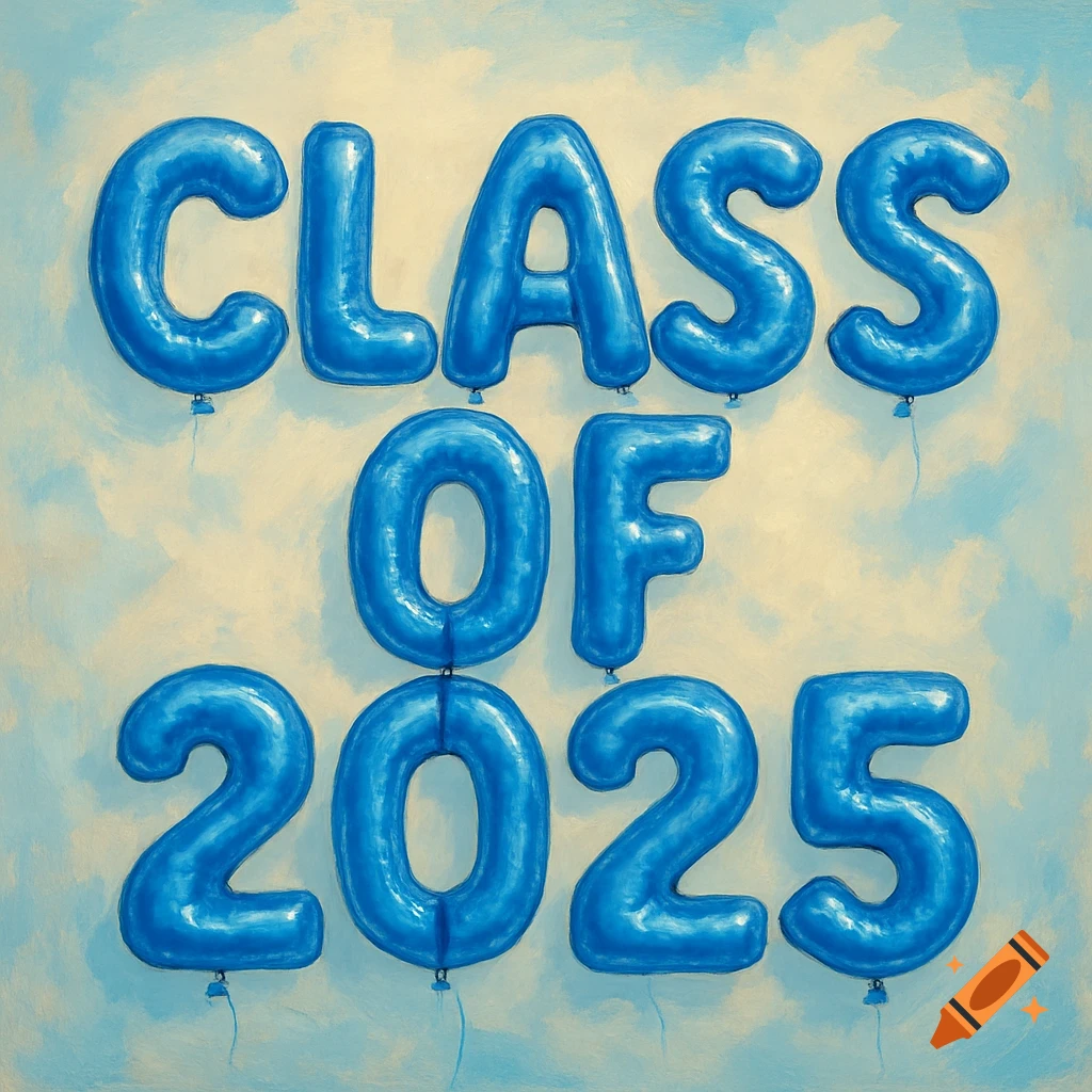 Blue balloons spelling CLASS OF 2025, rendered in a painterly style.