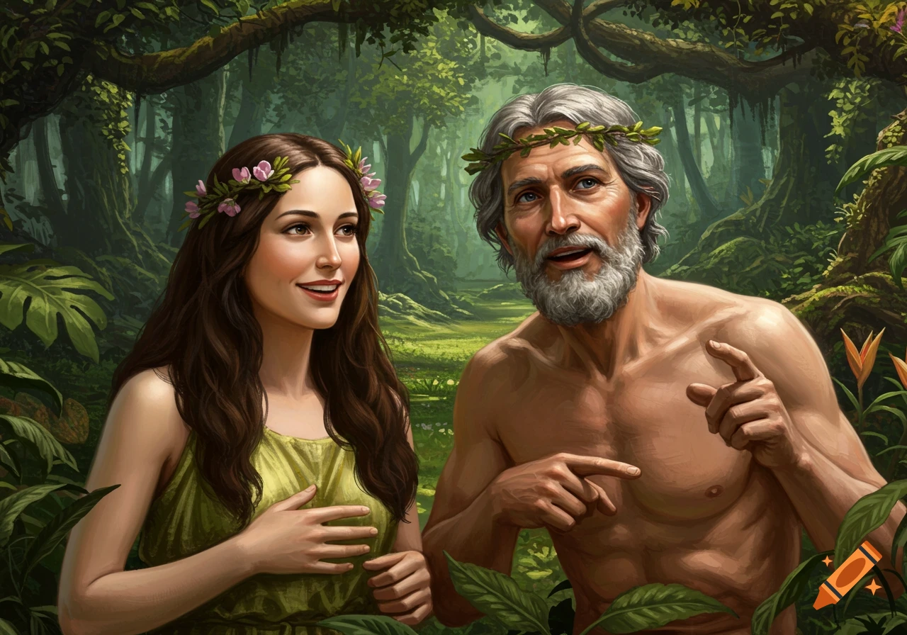 Adam and Eve in a lush forest, Adam points while Eve smiles, realistic illustration style