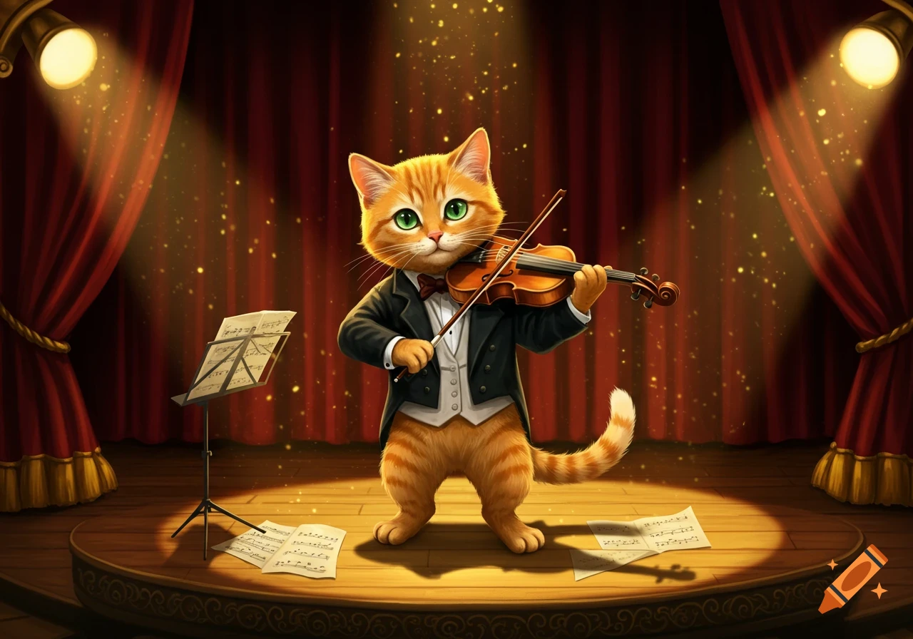 An orange cartoon cat in a tuxedo plays the violin on a lit stage with red curtains and sheet music.