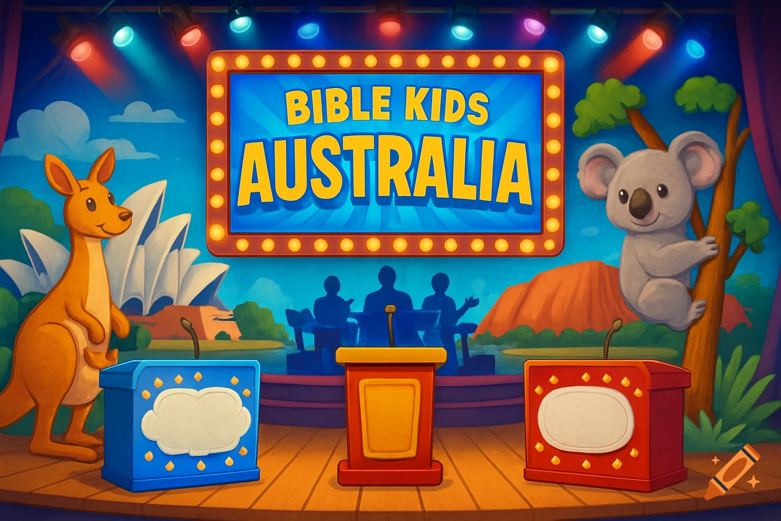 Cartoon stage for Bible Kids Australia gameshow with kangaroo, koala, and landmarks.