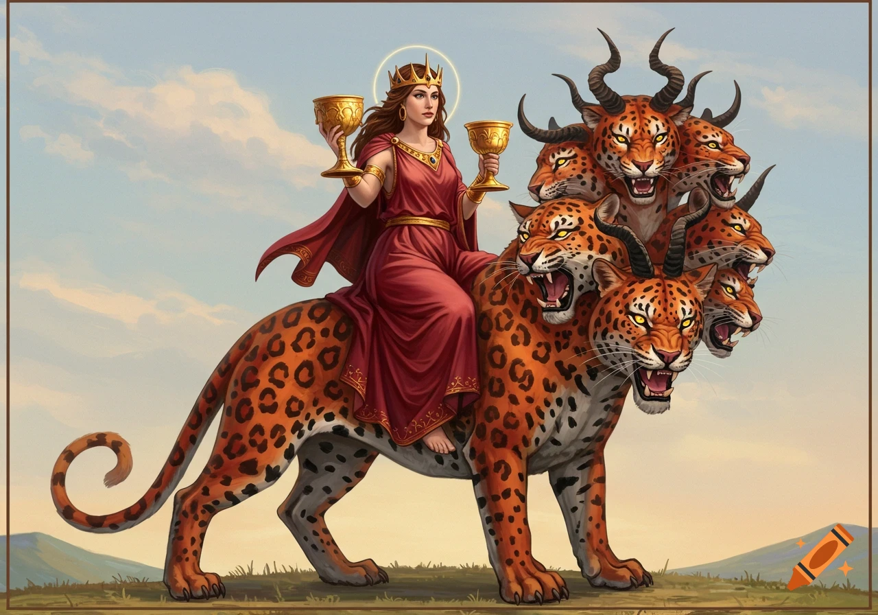 A woman with a crown and chalices rides a mythical beast with seven heads and leopard spots in a painted mythological style.