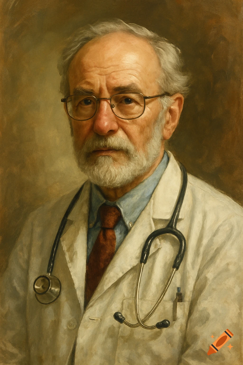 Portrait painting of an older doctor with glasses and a beard.